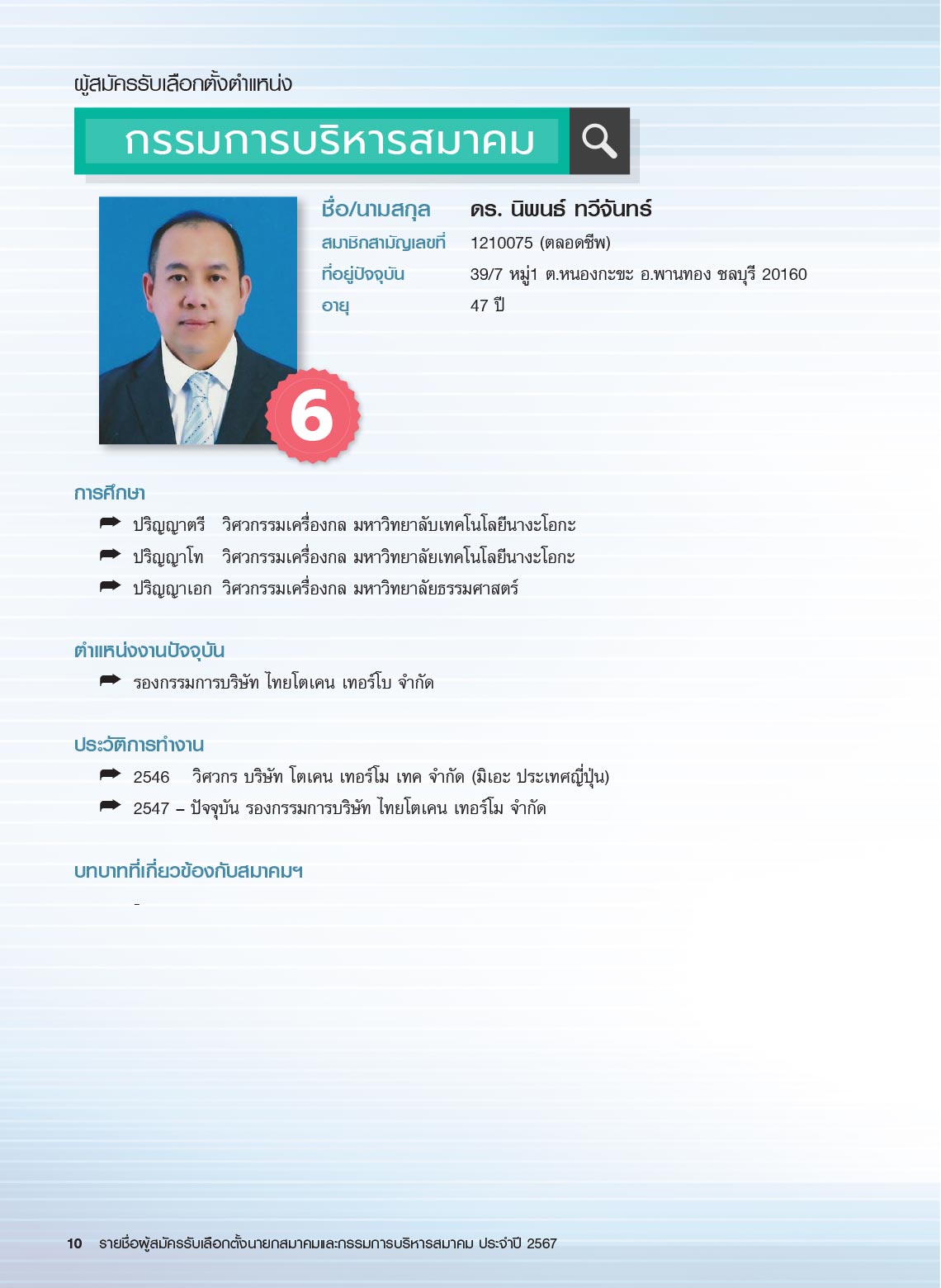 รายชื่อผู้สมัครรับเลือกตั้ง นายกสมาคม และกรรมการบริหารสมาคม ประจำปี 2567 ในการประชุมใหญ่สามัญประจำปี 2567
